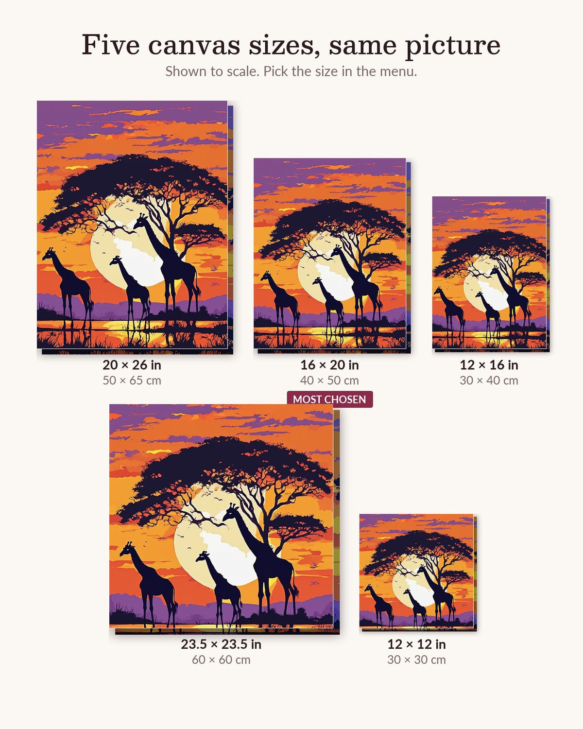Giraffes Under an Acacia Tree canvas sizes from 12 x 12 to 23.5 x 23.5 inches