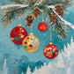 Glass Ornaments on a Frosted Pine Bough paint by numbers kit, four red and gold ornaments hanging from a snowy pine branch with pine cones on a teal background