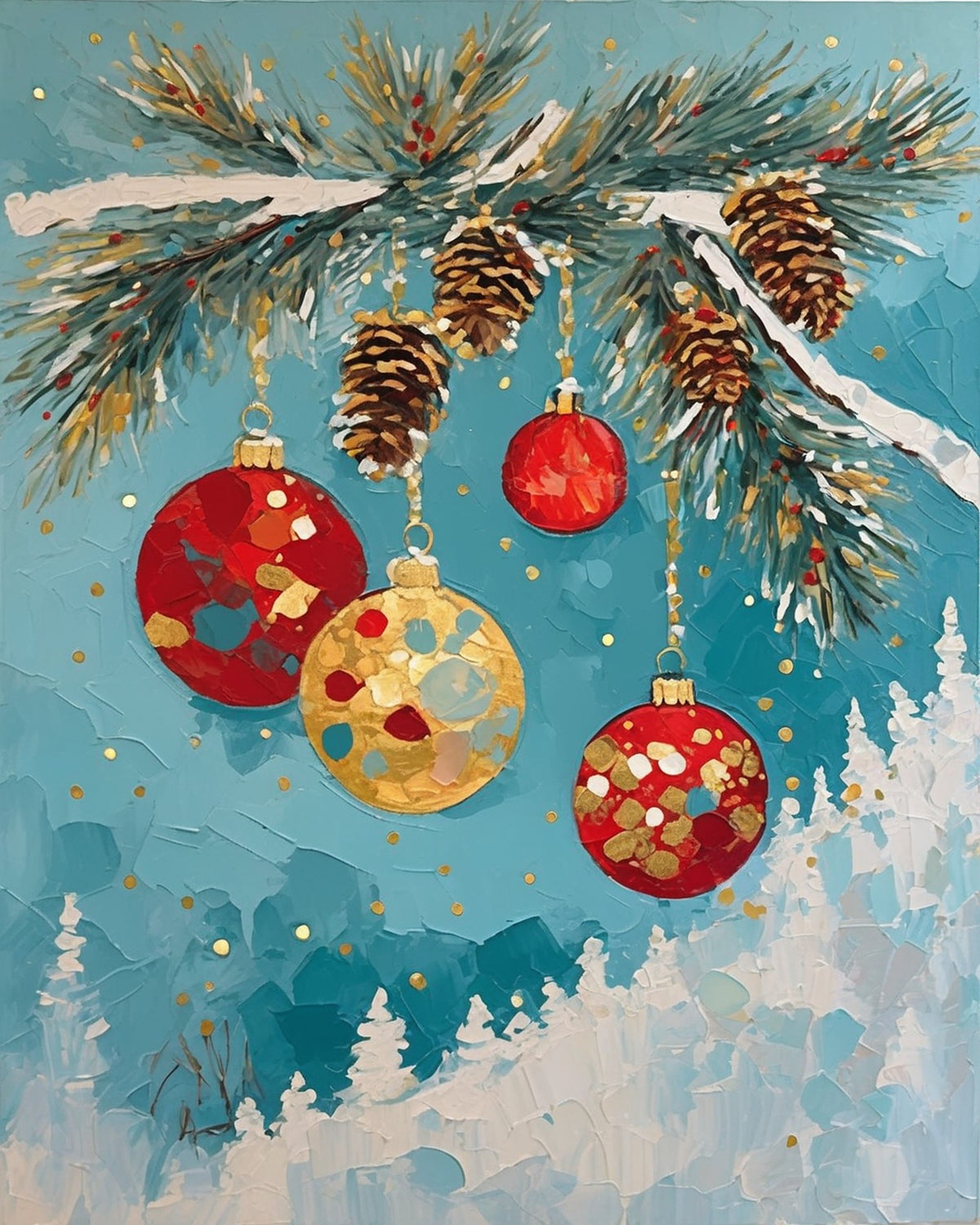Glass Ornaments on a Frosted Pine Bough paint by numbers kit, four red and gold ornaments hanging from a snowy pine branch with pine cones on a teal background