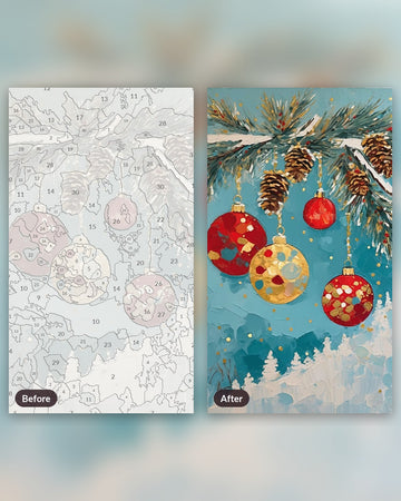 Glass Ornaments on a Frosted Pine Bough Painting by Numbers Kit paint by numbers kit, before and after