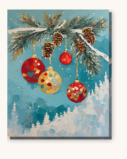 Glass Ornaments on a Frosted Pine Bough paint by numbers kit on stretched canvas