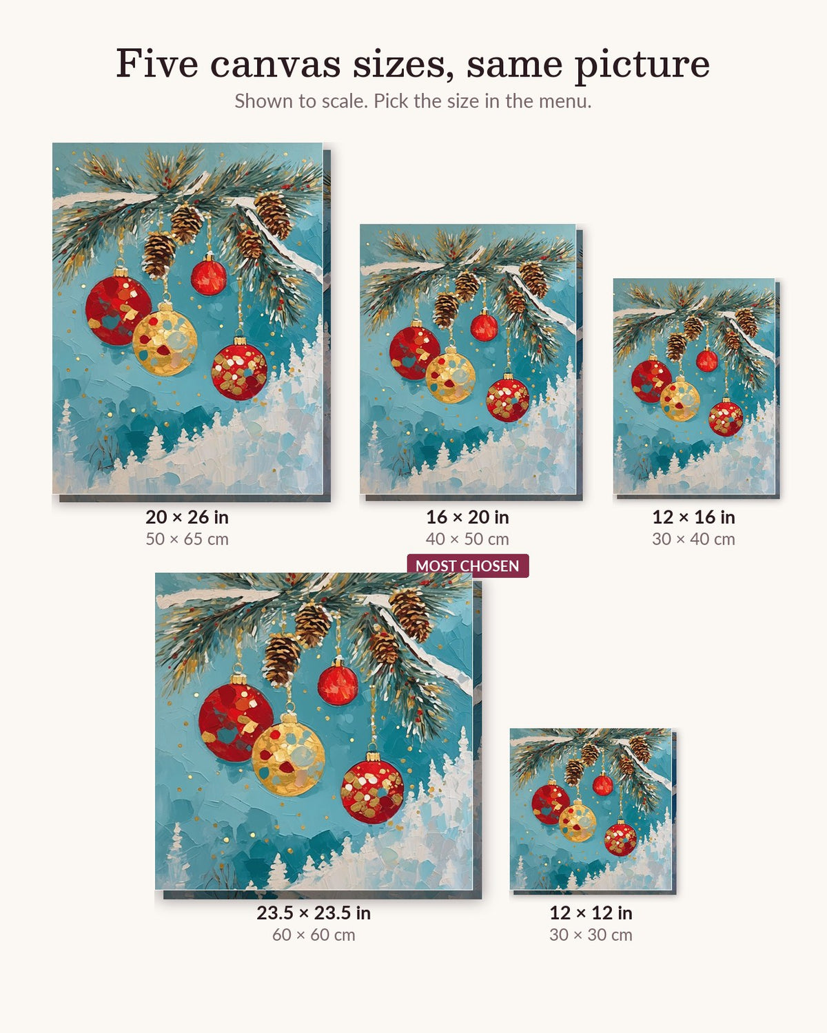 Glass Ornaments on a Frosted Pine Bough canvas sizes from 12 x 12 to 23.5 x 23.5 inches