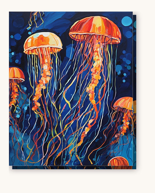 Glowing Jellyfish in Deep Blue Water paint by numbers kit on stretched canvas