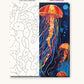 Glowing Jellyfish in Deep Blue Water numbered canvas next to the finished painting