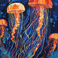 orange jellyfish with long tentacles floating in dark blue water with bubbles, paint by numbers kit