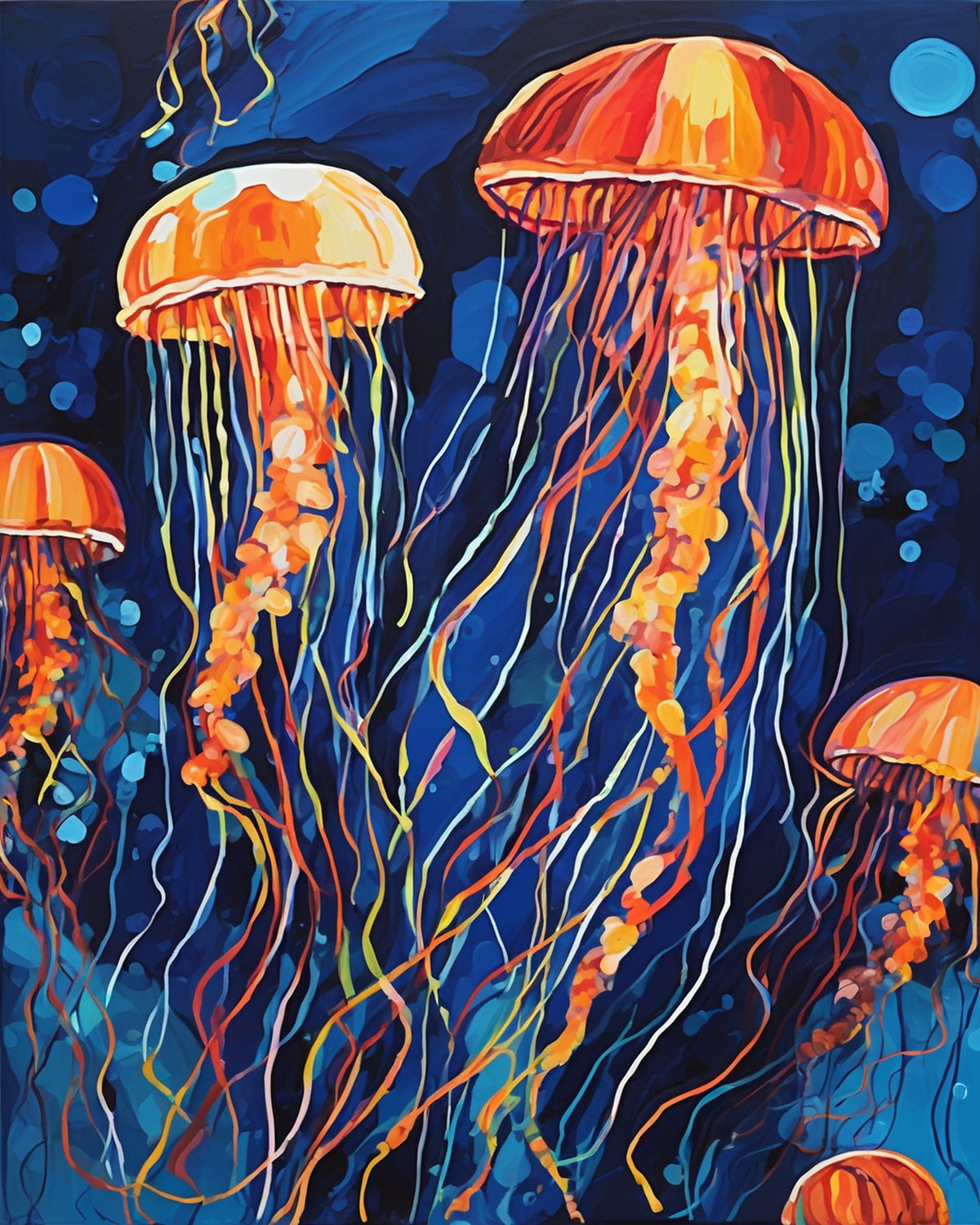 orange jellyfish with long tentacles floating in dark blue water with bubbles, paint by numbers kit