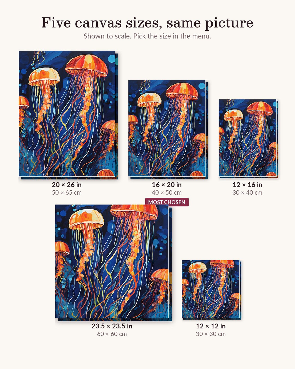 Glowing Jellyfish in Deep Blue Water canvas sizes from 12 x 12 to 23.5 x 23.5 inches
