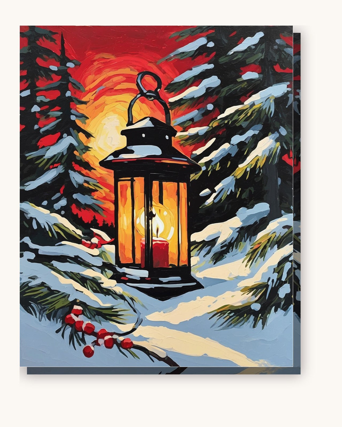 Glowing Lantern in the Snow paint by numbers kit on stretched canvas