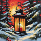 black lantern with a lit red candle in snow among pine branches under an orange sunset, paint by numbers kit