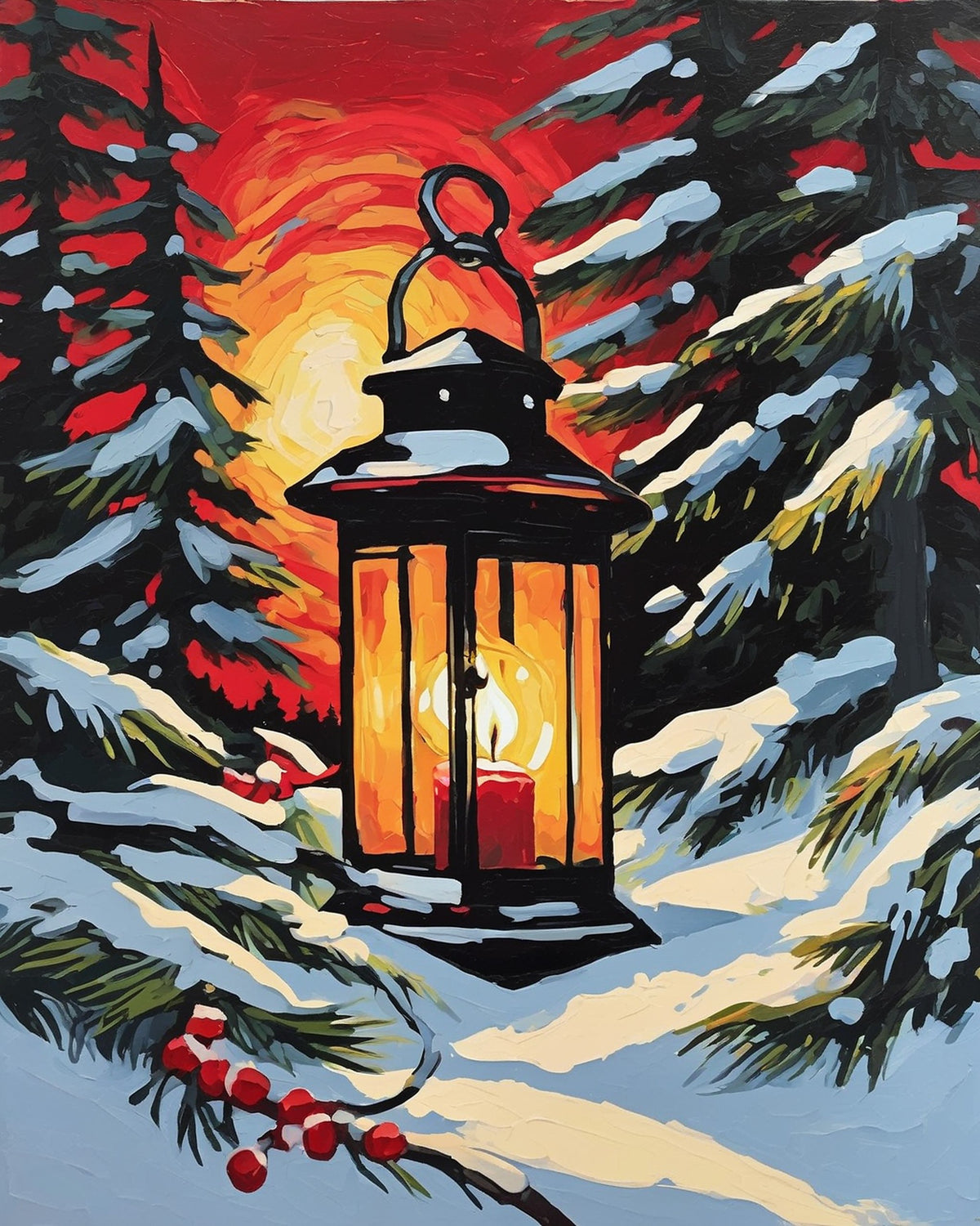 black lantern with a lit red candle in snow among pine branches under an orange sunset, paint by numbers kit