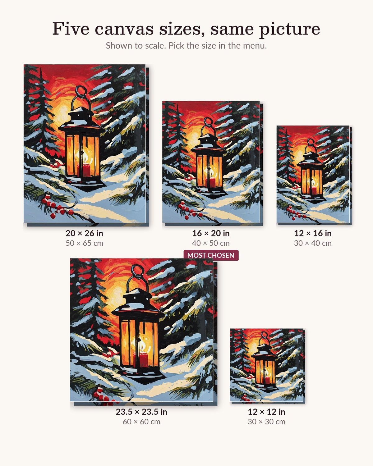Glowing Lantern in the Snow canvas sizes from 12 x 12 to 23.5 x 23.5 inches