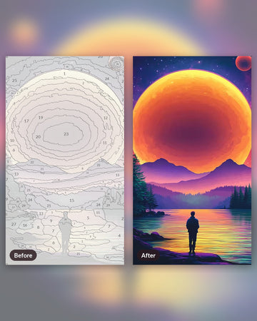 Glowing Sun paint by numbers kit, before and after