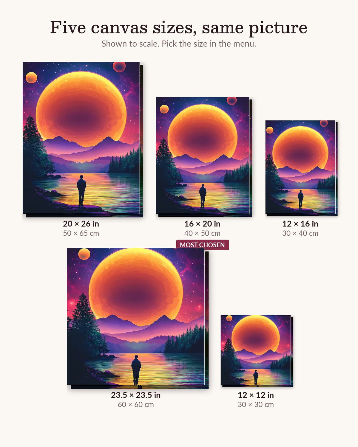 Glowing Sun canvas sizes from 12 x 12 to 23.5 x 23.5 inches