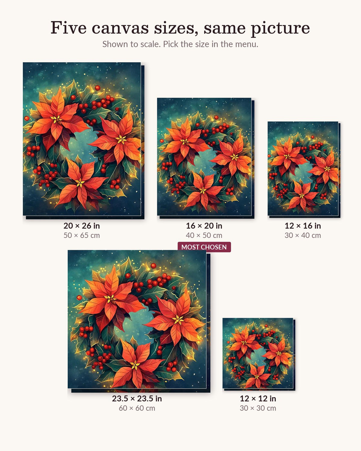 Glowing Wreath canvas sizes from 12 x 12 to 23.5 x 23.5 inches