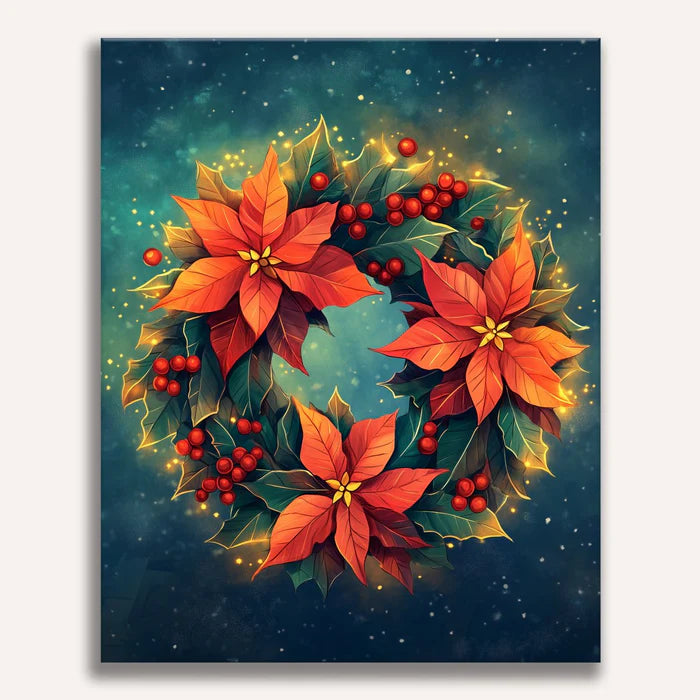 Floral Bird Nest Painting By Numbers Kit featuring poinsettias and berries on a dark background
