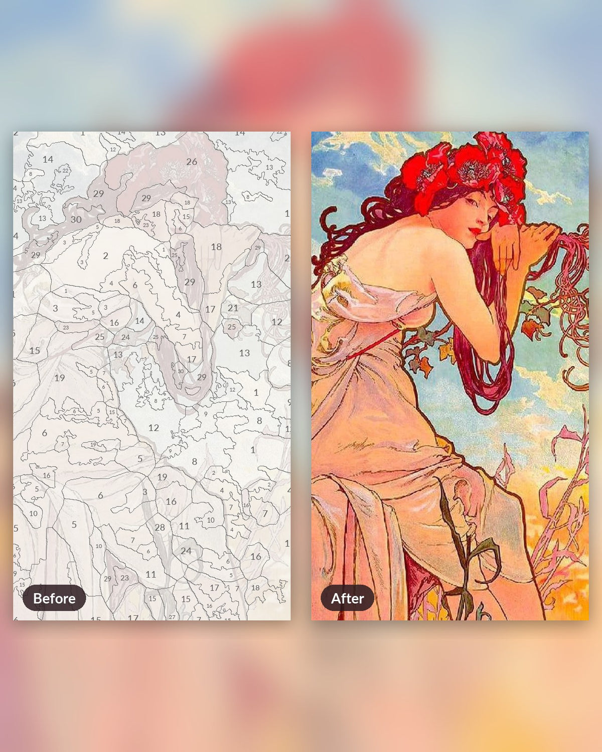 Goddess of the Vines paint by numbers kit, before and after