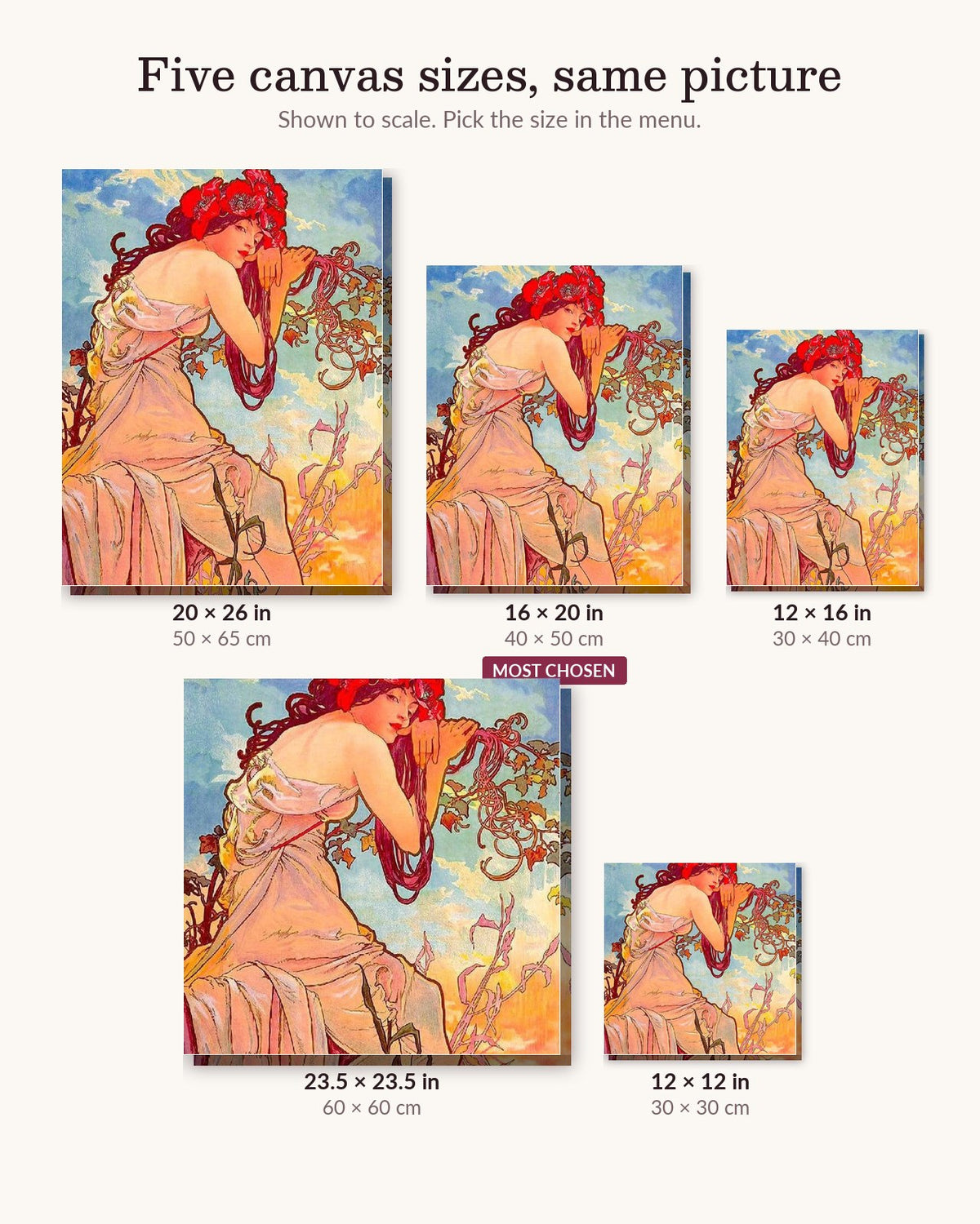 Goddess of the Vines canvas sizes from 12 x 12 to 23.5 x 23.5 inches
