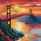 red suspension bridge over a bay at sunset with green hills and orange reflections, paint by numbers kit