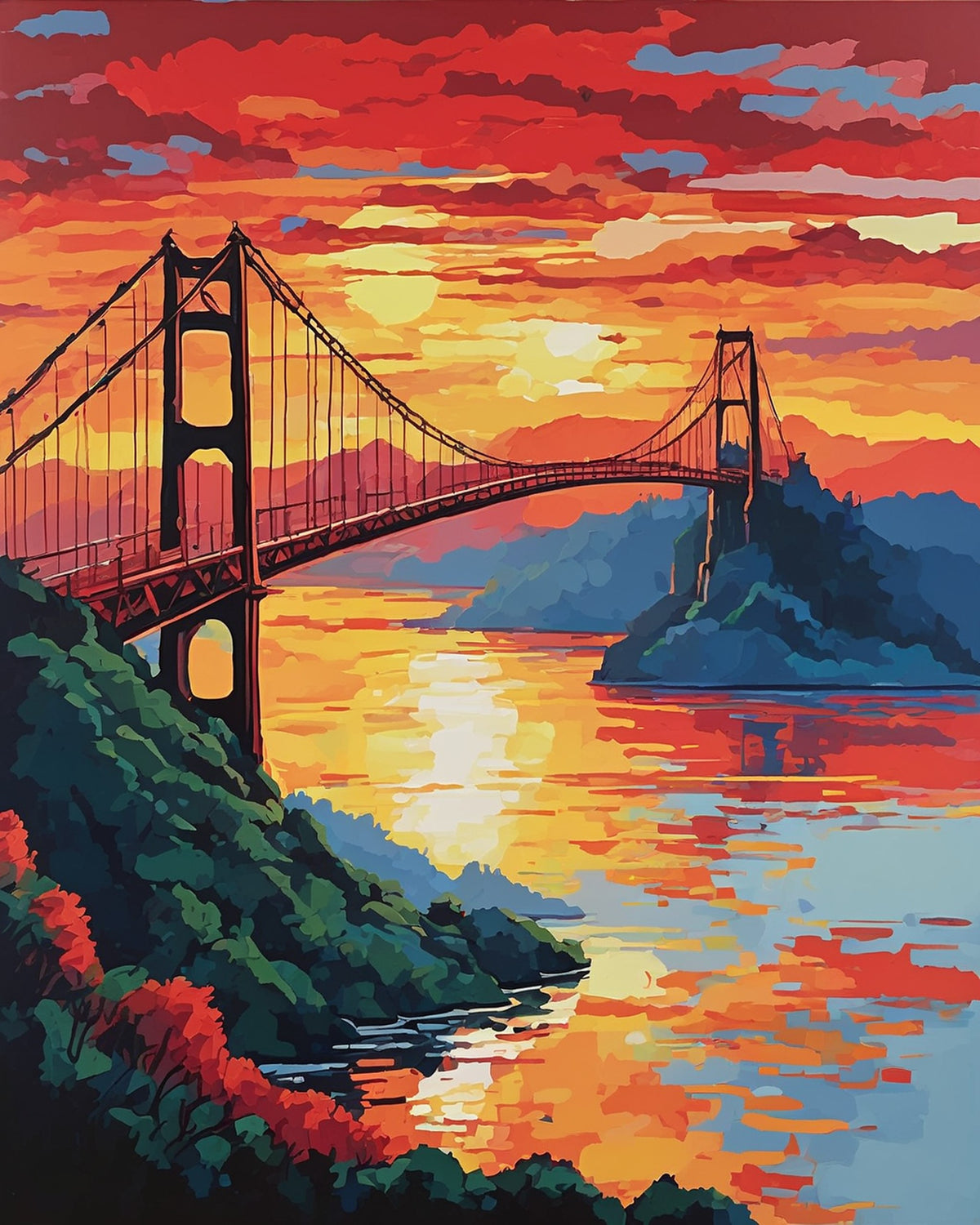 red suspension bridge over a bay at sunset with green hills and orange reflections, paint by numbers kit