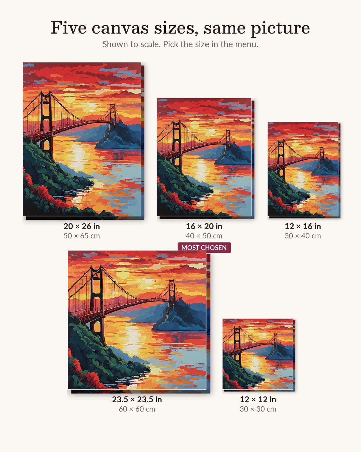 Golden Gate Bridge at Sunset canvas sizes from 12 x 12 to 23.5 x 23.5 inches