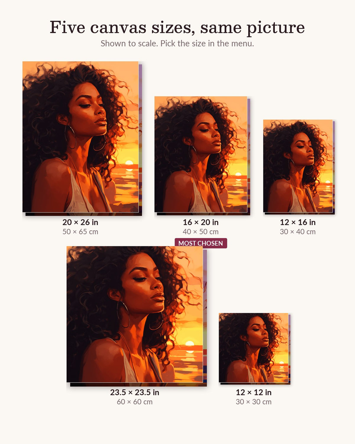 Golden Hour Serenity canvas sizes from 12 x 12 to 23.5 x 23.5 inches