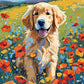 Golden Puppy in the Meadow paint by numbers kit, golden retriever puppy sitting in wildflowers
