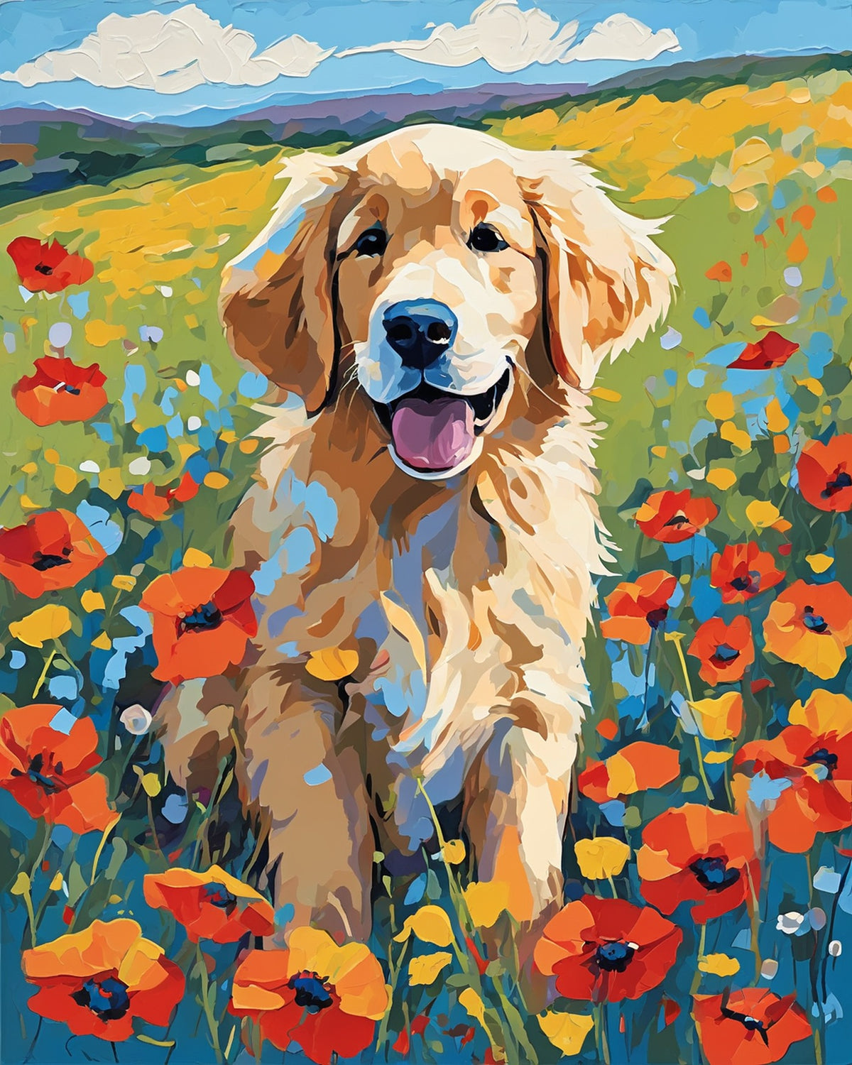 Golden Puppy in the Meadow paint by numbers kit, golden retriever puppy sitting in wildflowers