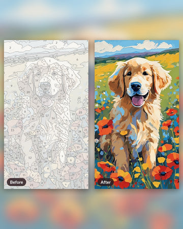 Golden Puppy in the Meadow paint by numbers kit, before and after