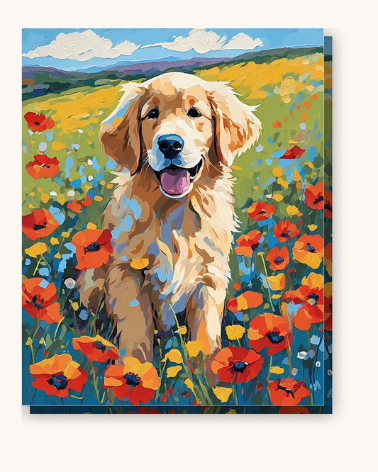 Golden Puppy in the Meadow paint by numbers kit on stretched canvas