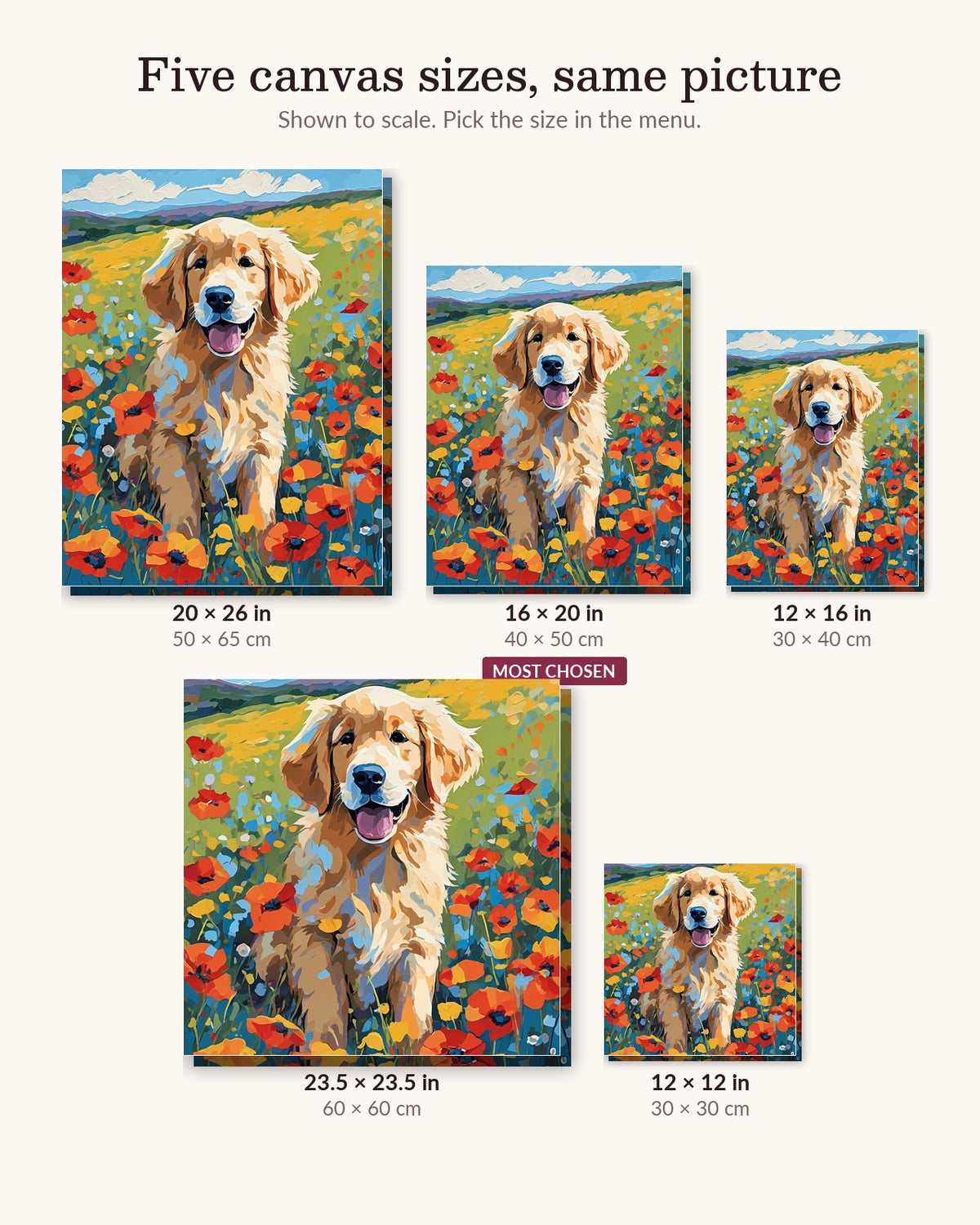 Golden Puppy in the Meadow canvas sizes from 12 x 12 to 23.5 x 23.5 inches