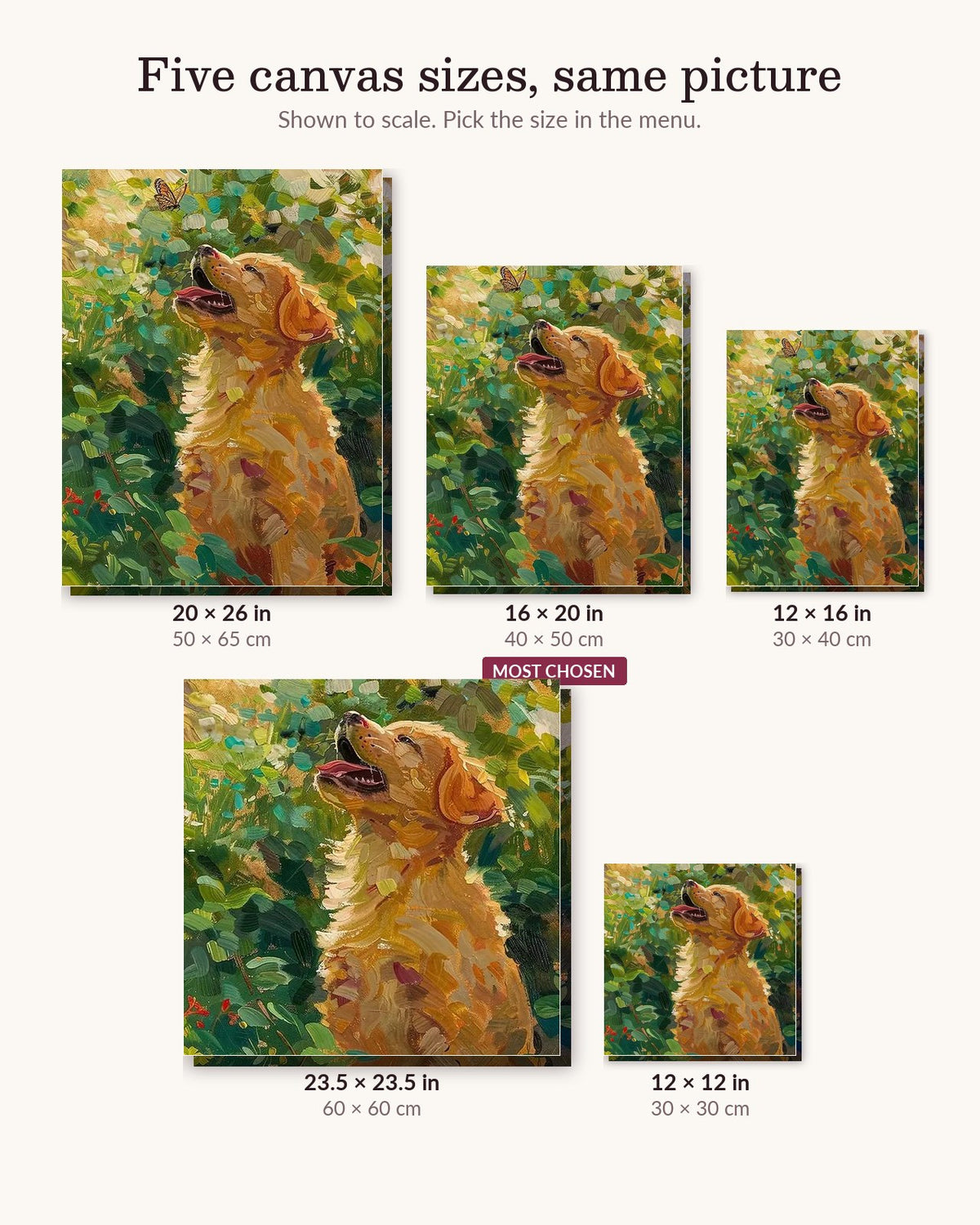 Golden Retriever canvas sizes from 12 x 12 to 23.5 x 23.5 inches