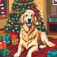 Golden Retriever by the Christmas Tree paint by numbers kit, dog in a Santa hat on a plaid blanket beside presents