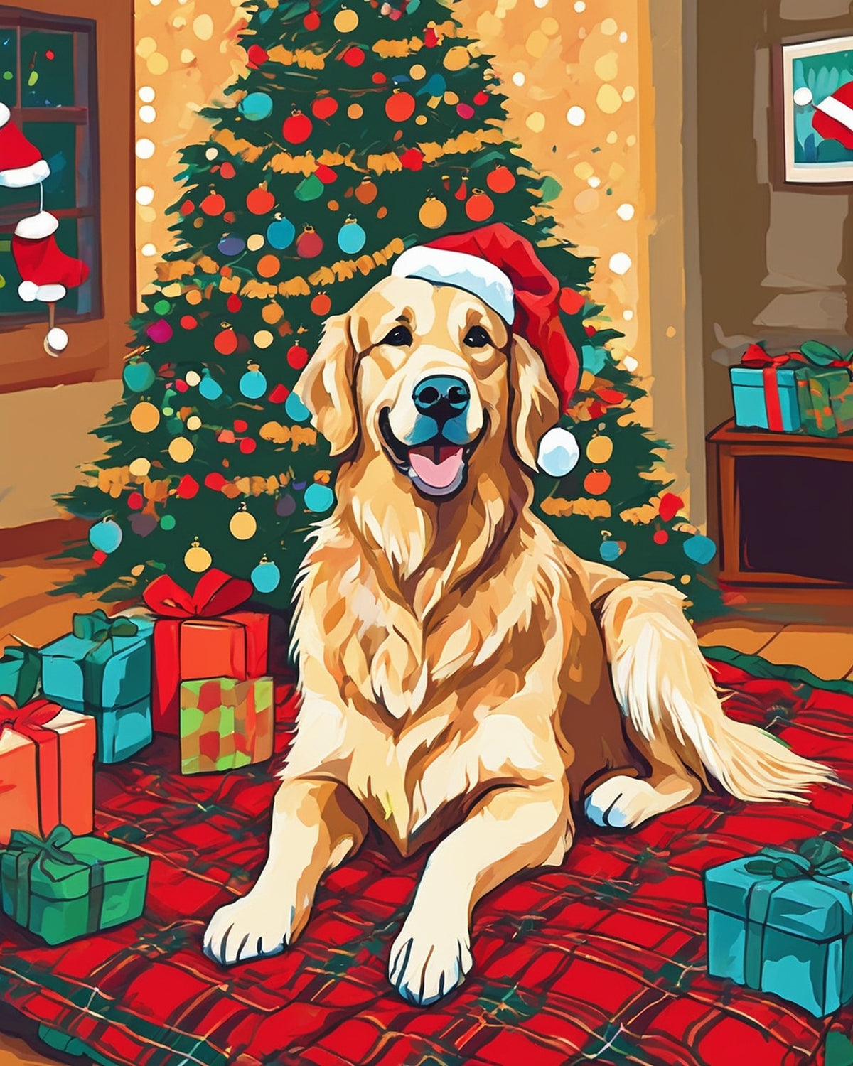 Golden Retriever by the Christmas Tree paint by numbers kit, dog in a Santa hat on a plaid blanket beside presents