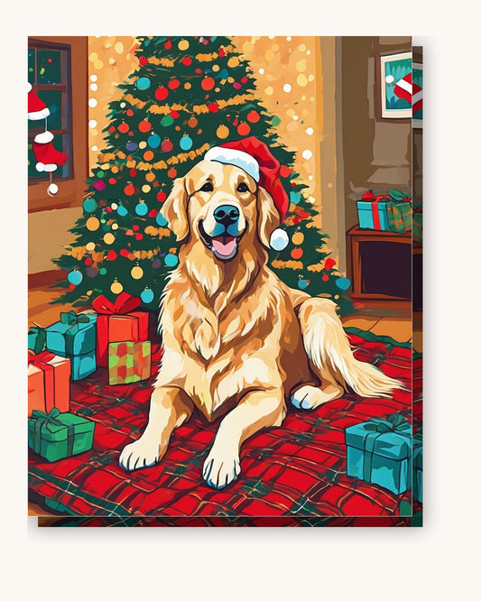 Golden Retriever by the Christmas Tree paint by numbers kit on stretched canvas