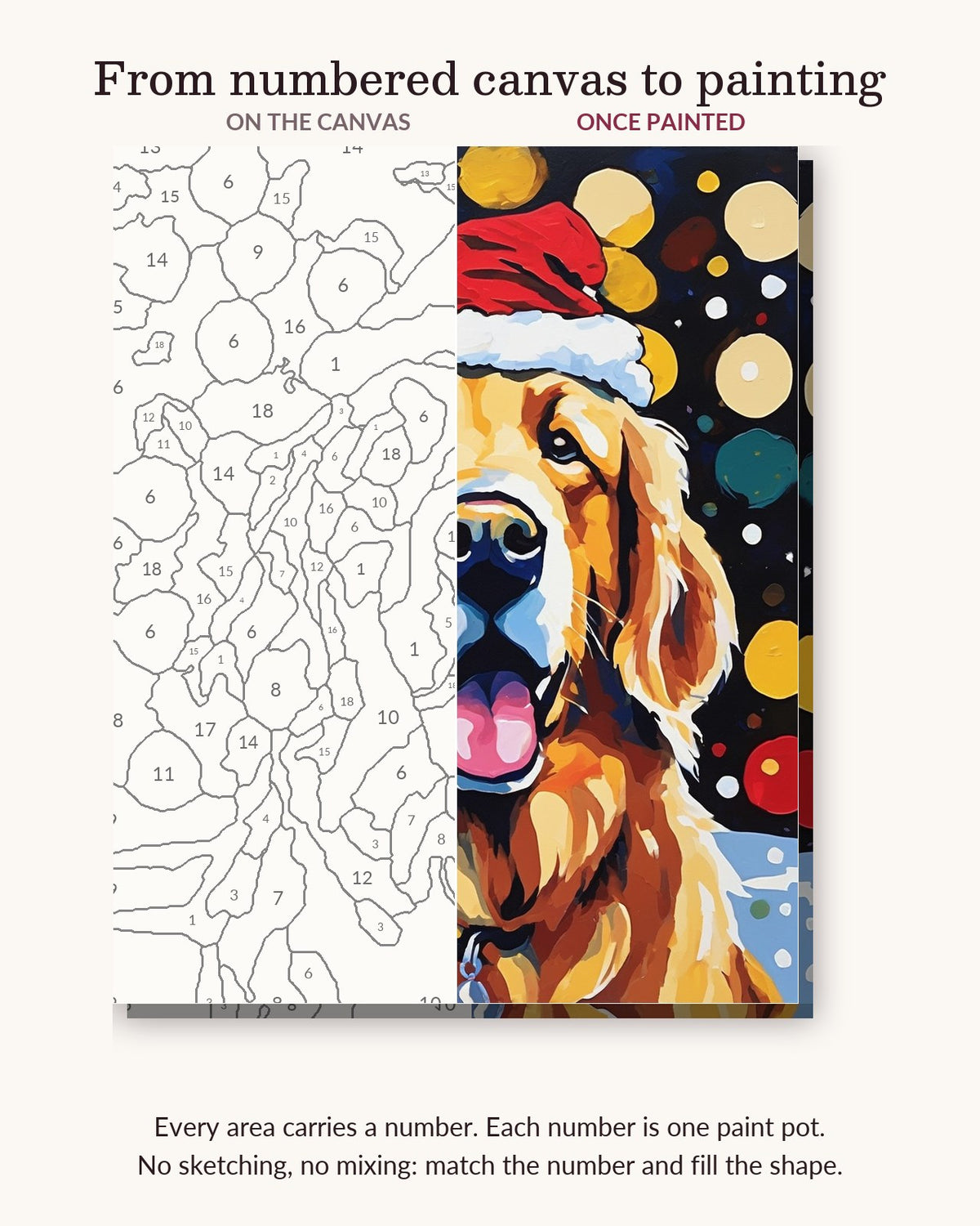 Golden Retriever in a Santa Hat numbered canvas next to the finished painting