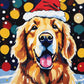 smiling golden retriever in a red santa hat with colorful round dots behind it, paint by numbers kit