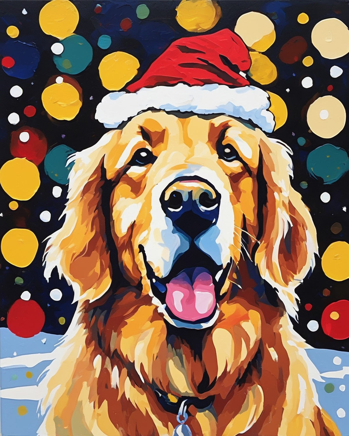 smiling golden retriever in a red santa hat with colorful round dots behind it, paint by numbers kit