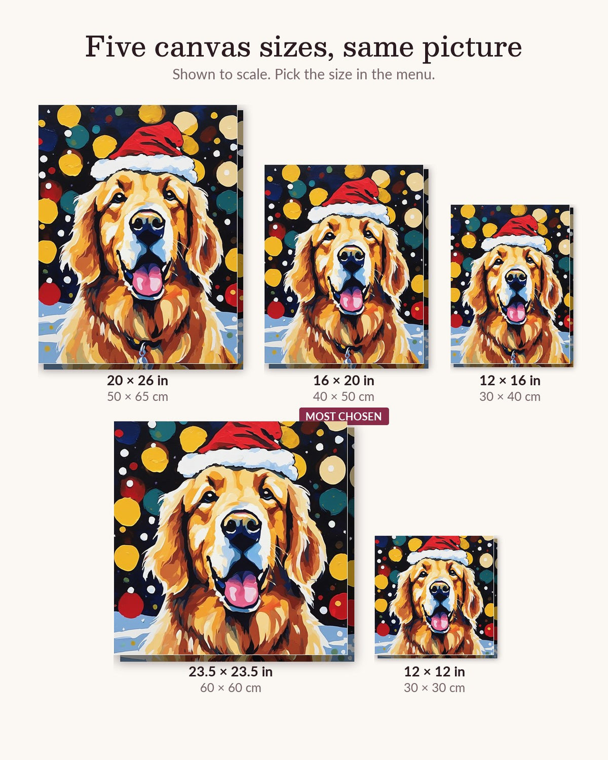 Golden Retriever in a Santa Hat canvas sizes from 12 x 12 to 23.5 x 23.5 inches