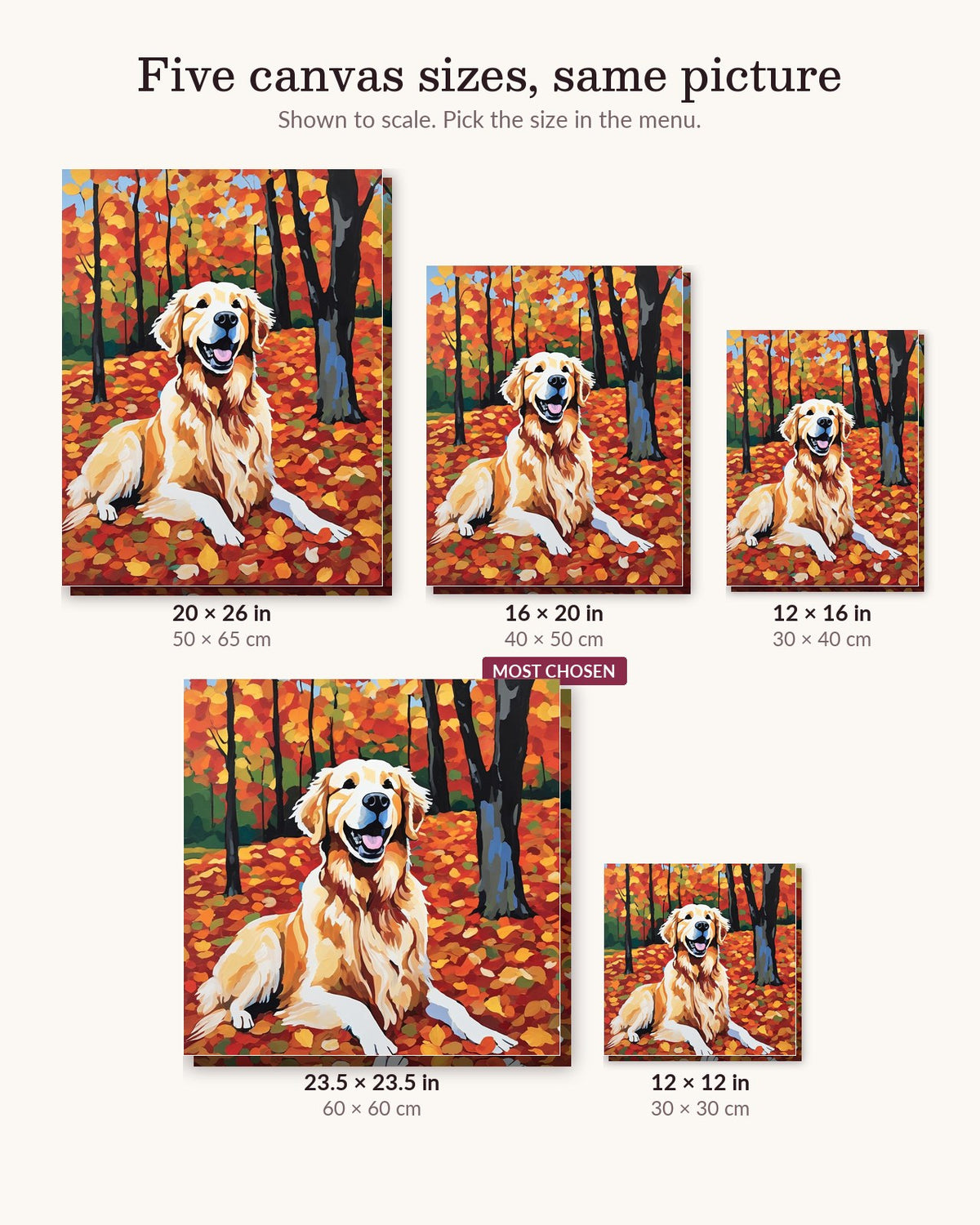 Golden Retriever in Autumn Leaves canvas sizes from 12 x 12 to 23.5 x 23.5 inches