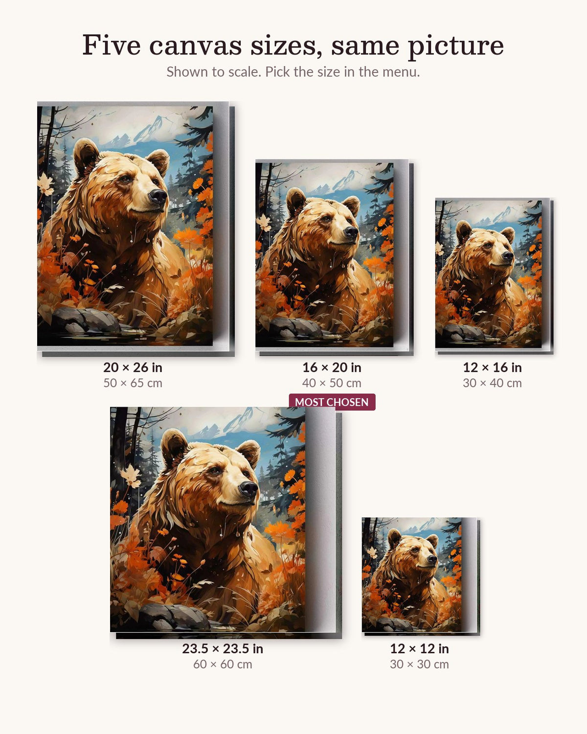Golden Sentinel canvas sizes from 12 x 12 to 23.5 x 23.5 inches