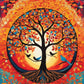 Golden Tree of Life paint by numbers kit, tree with a round golden canopy and circular roots at sunset