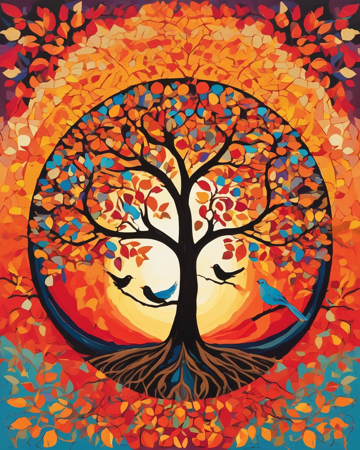 Golden Tree of Life paint by numbers kit, tree with a round golden canopy and circular roots at sunset