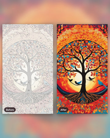 Golden Tree of Life paint by numbers kit, before and after