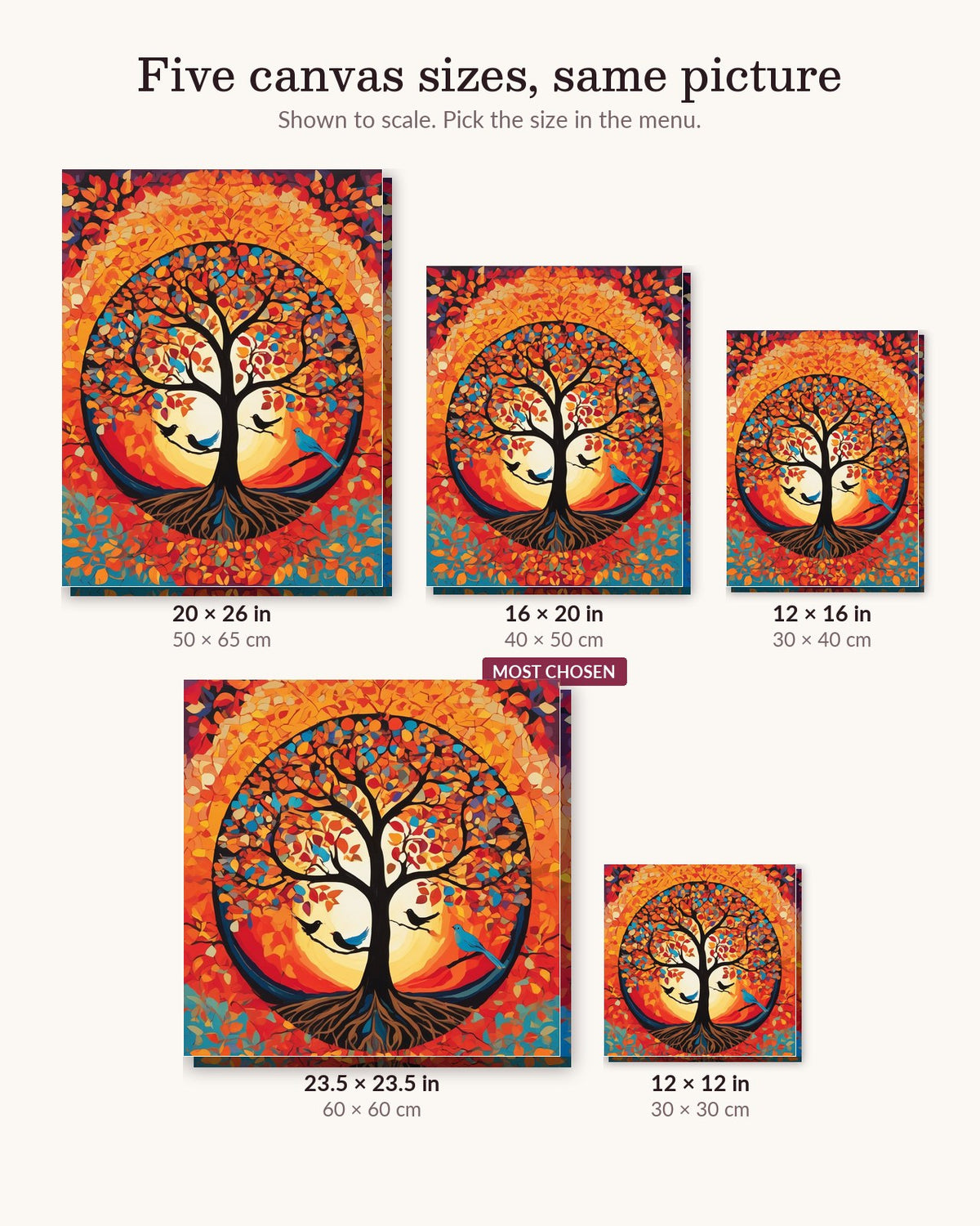 Golden Tree of Life canvas sizes from 12 x 12 to 23.5 x 23.5 inches