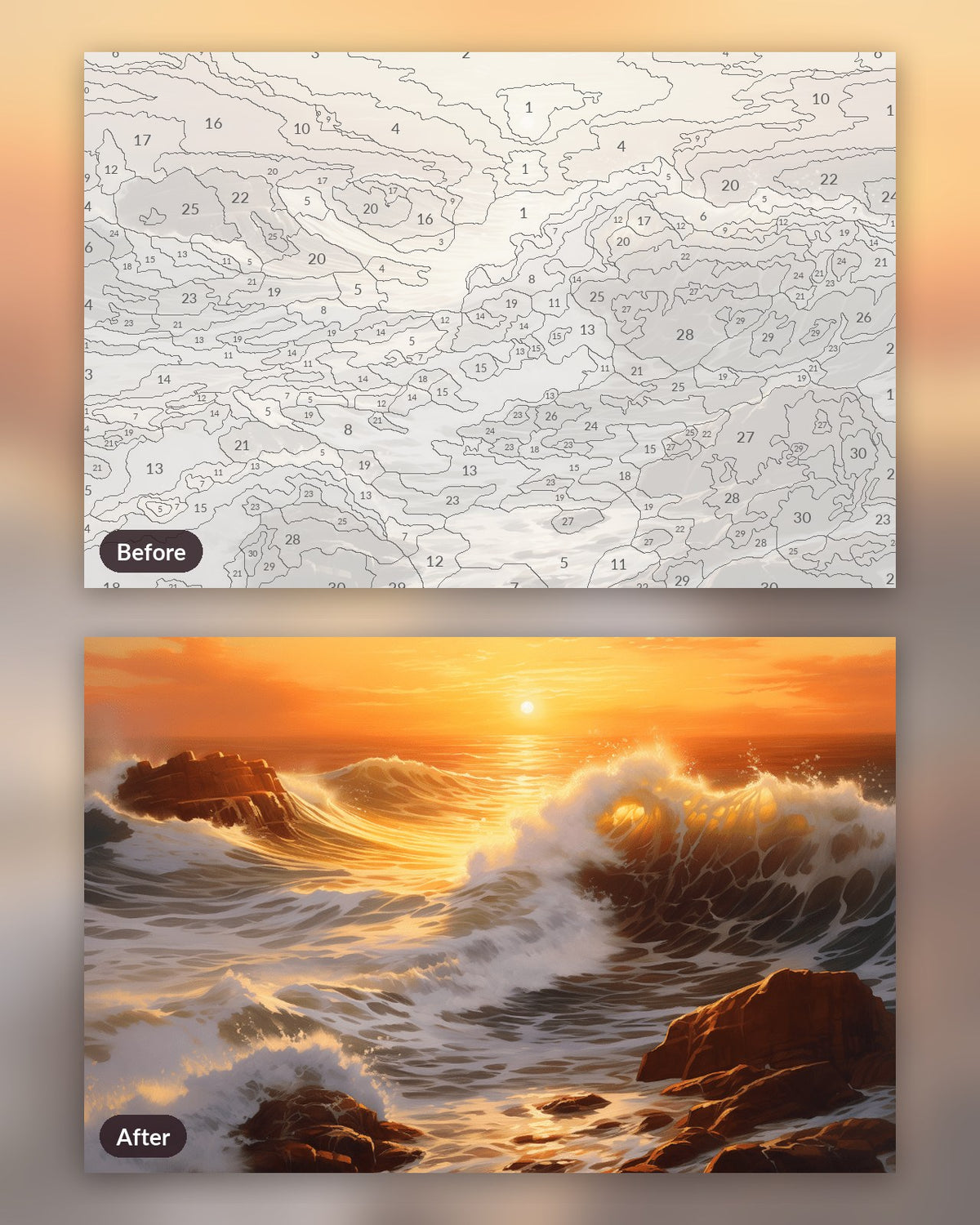 Golden Waves at Dusk paint by numbers kit, before and after