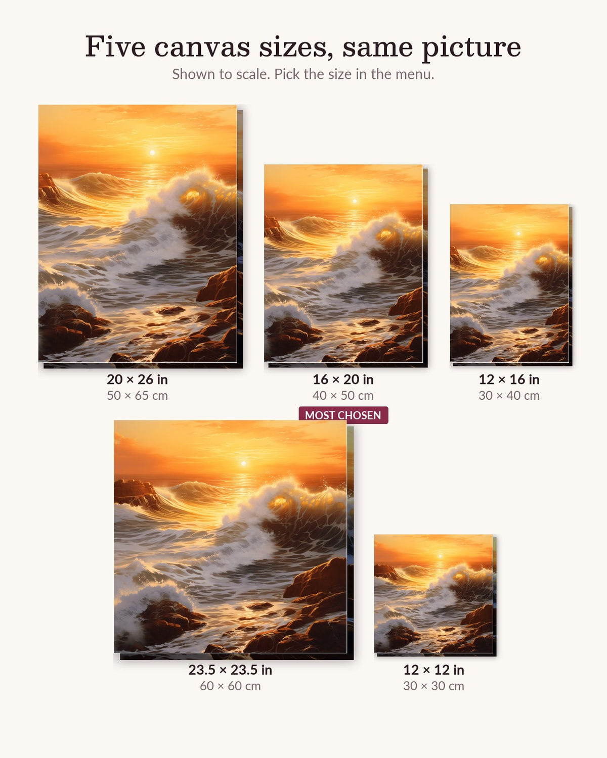 Golden Waves at Dusk canvas sizes from 12 x 12 to 23.5 x 23.5 inches