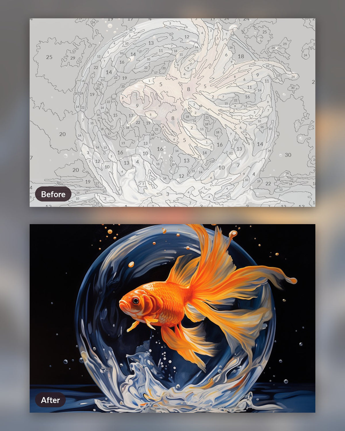 Goldfish Bowl paint by numbers kit, before and after