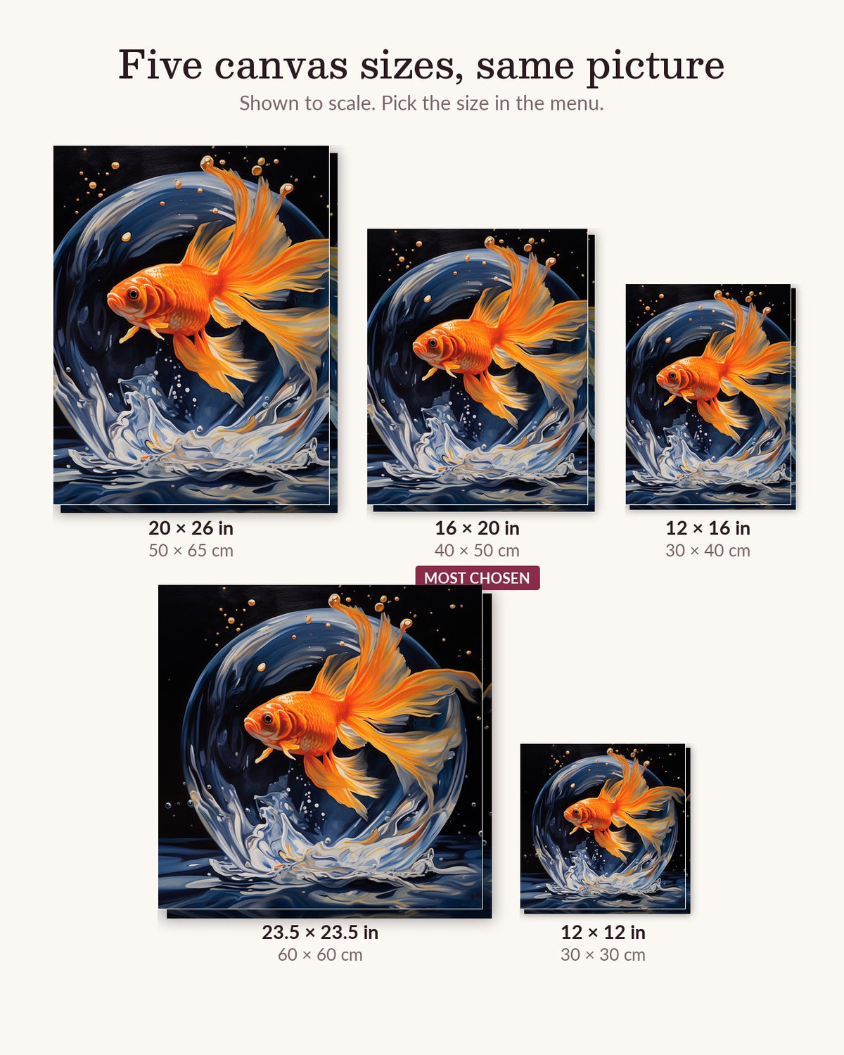 Goldfish Bowl canvas sizes from 12 x 12 to 23.5 x 23.5 inches