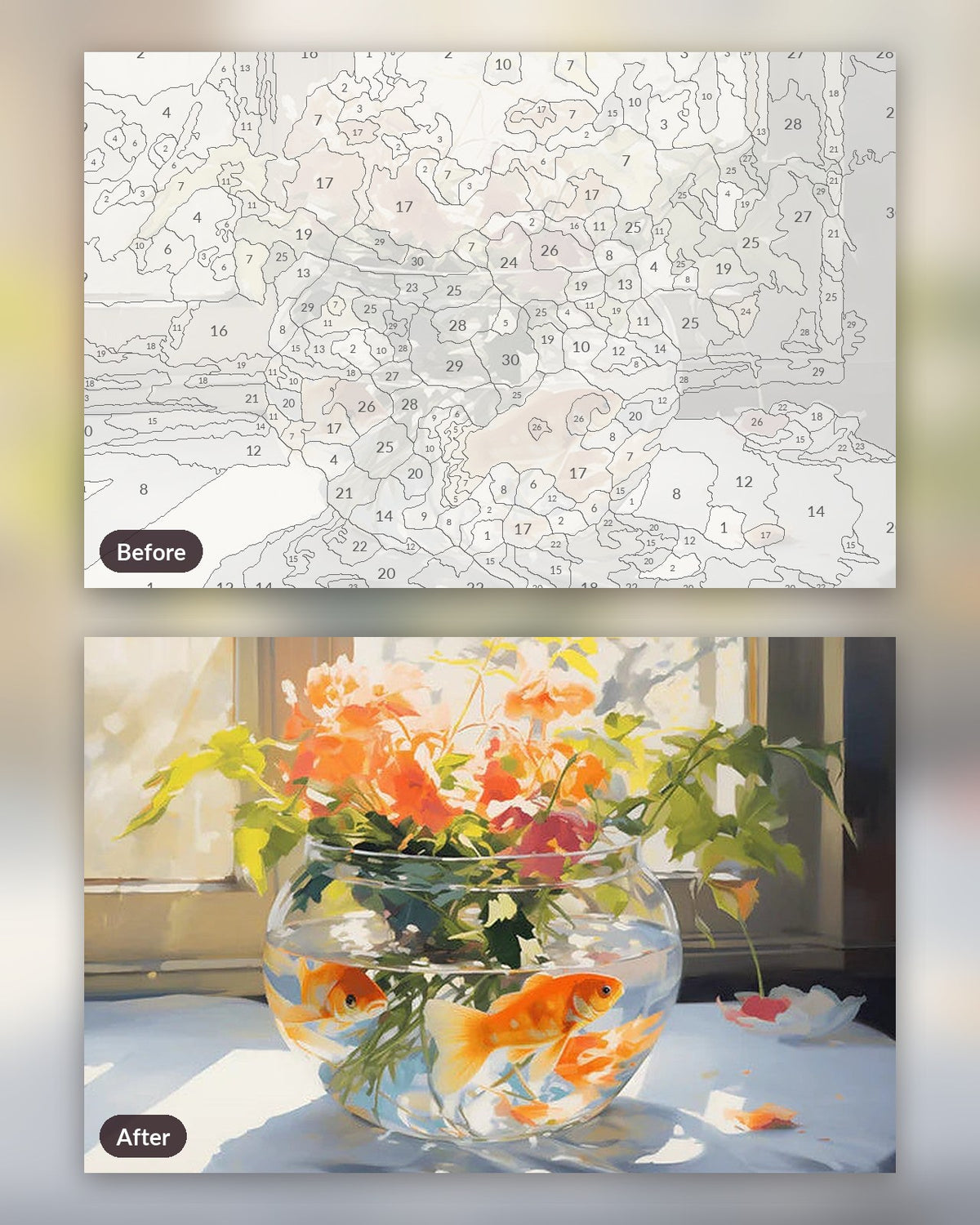 Goldfish Couple paint by numbers kit, before and after