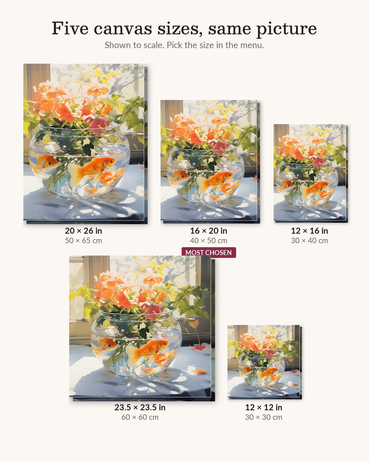 Goldfish Couple canvas sizes from 12 x 12 to 23.5 x 23.5 inches